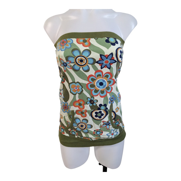 Sugar Rush Size Medium Tube Y2K Strapless Top Green Floral Cotton Blend Stretch - Picture 1 of 13